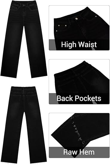 KDF Straight Leg Jeans for Women High Waisted Jeans Frayed Baggy Pants Raw Hem Loose Stretchy Cropped Wide Leg Jeans