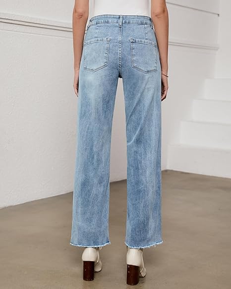 GRAPENT Straight Leg Jeans for Women High Waisted Stretchy Frayed Raw Hem Loose Denim Pants Casual Baggy Jean Trousers