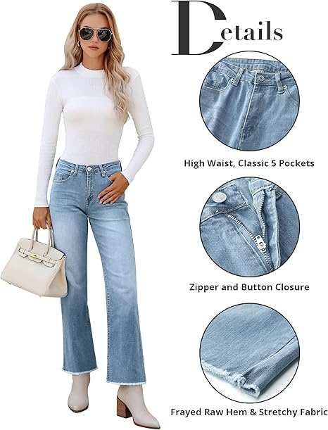 GRAPENT Straight Leg Jeans for Women High Waisted Stretchy Frayed Raw Hem Loose Denim Pants Casual Baggy Jean Trousers