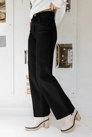 KDF Straight Leg Jeans for Women High Waisted Jeans Frayed Baggy Pants Raw Hem Loose Stretchy Cropped Wide Leg Jeans