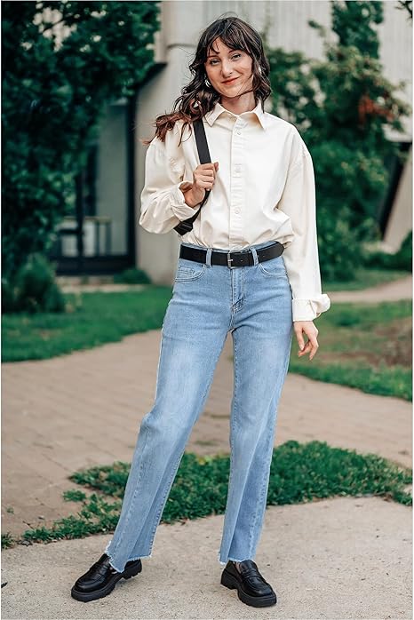 GRAPENT Straight Leg Jeans for Women High Waisted Stretchy Frayed Raw Hem Loose Denim Pants Casual Baggy Jean Trousers